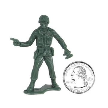 Green army man figure pointing, next to a US quarter coin for Tim Mee 06129