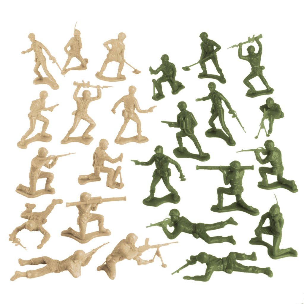 Assortment of green and tan plastic army men figures in various poses for Tim Mee 06129