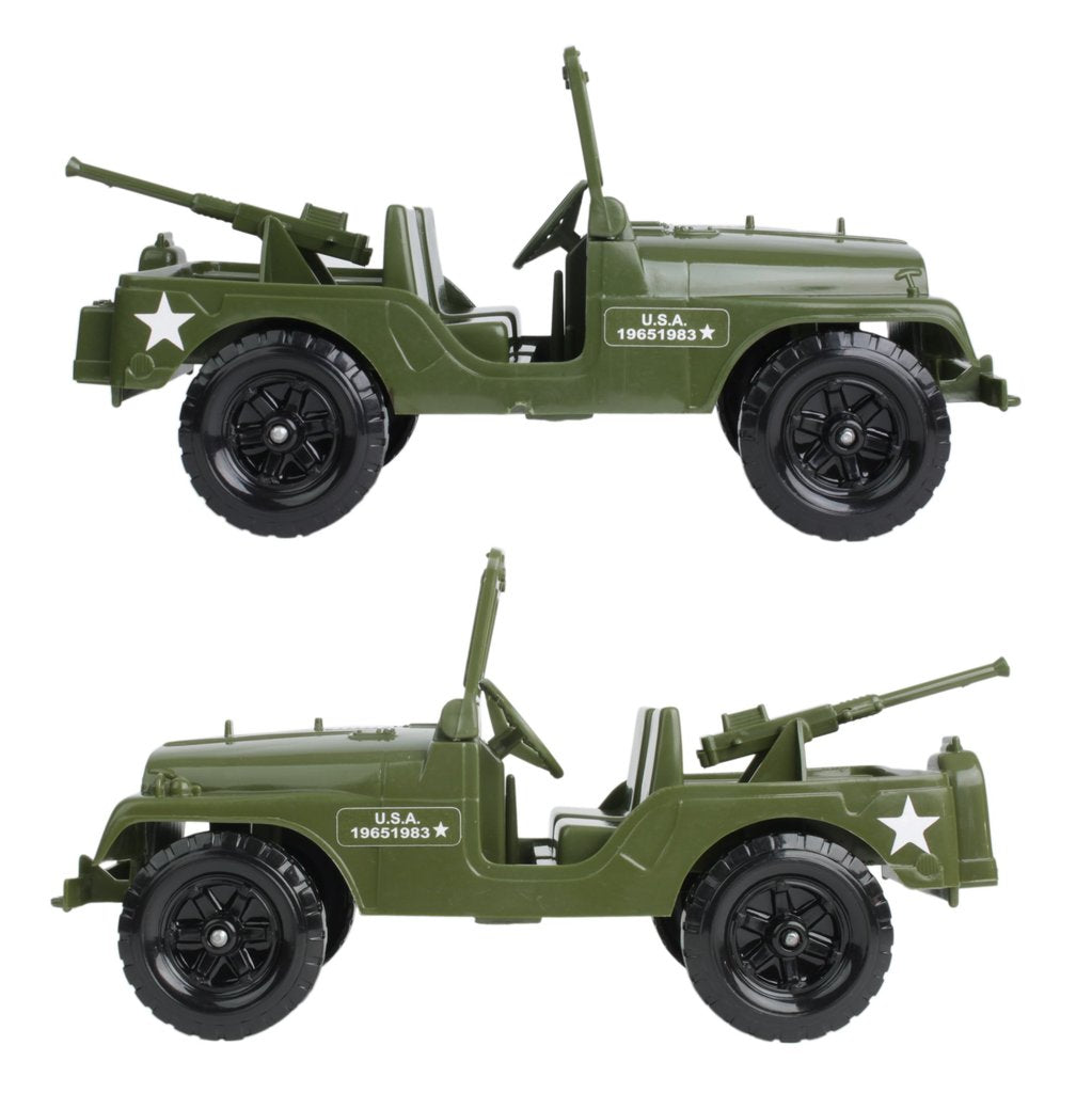 Olive green military 4x4 vehicle toy, showing two different angles for Tim Mee 48517