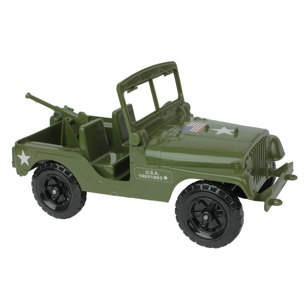 Olive green military 4x4 toy vehicle with a mounted machine gun for Tim Mee 48517, front view