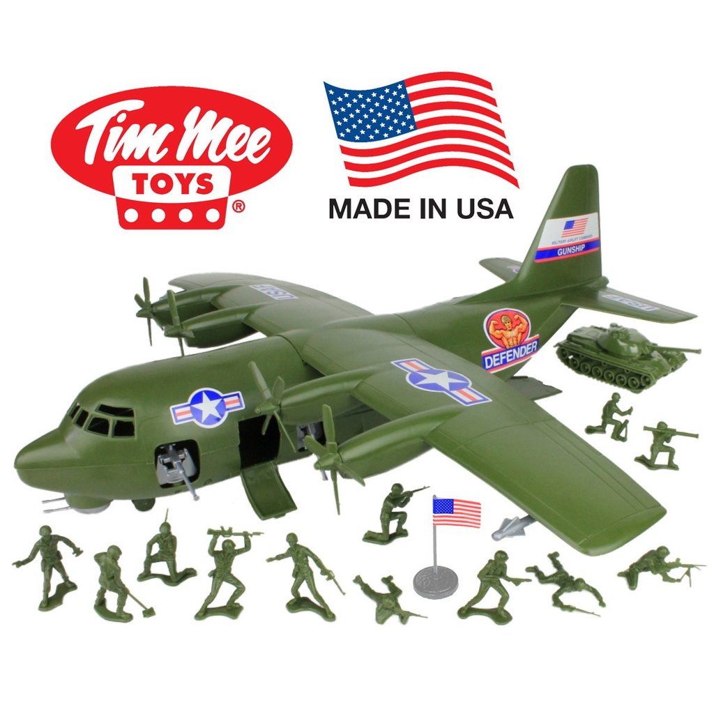 Green gunship toy with army men playset and US flag for Tim Mee 62750