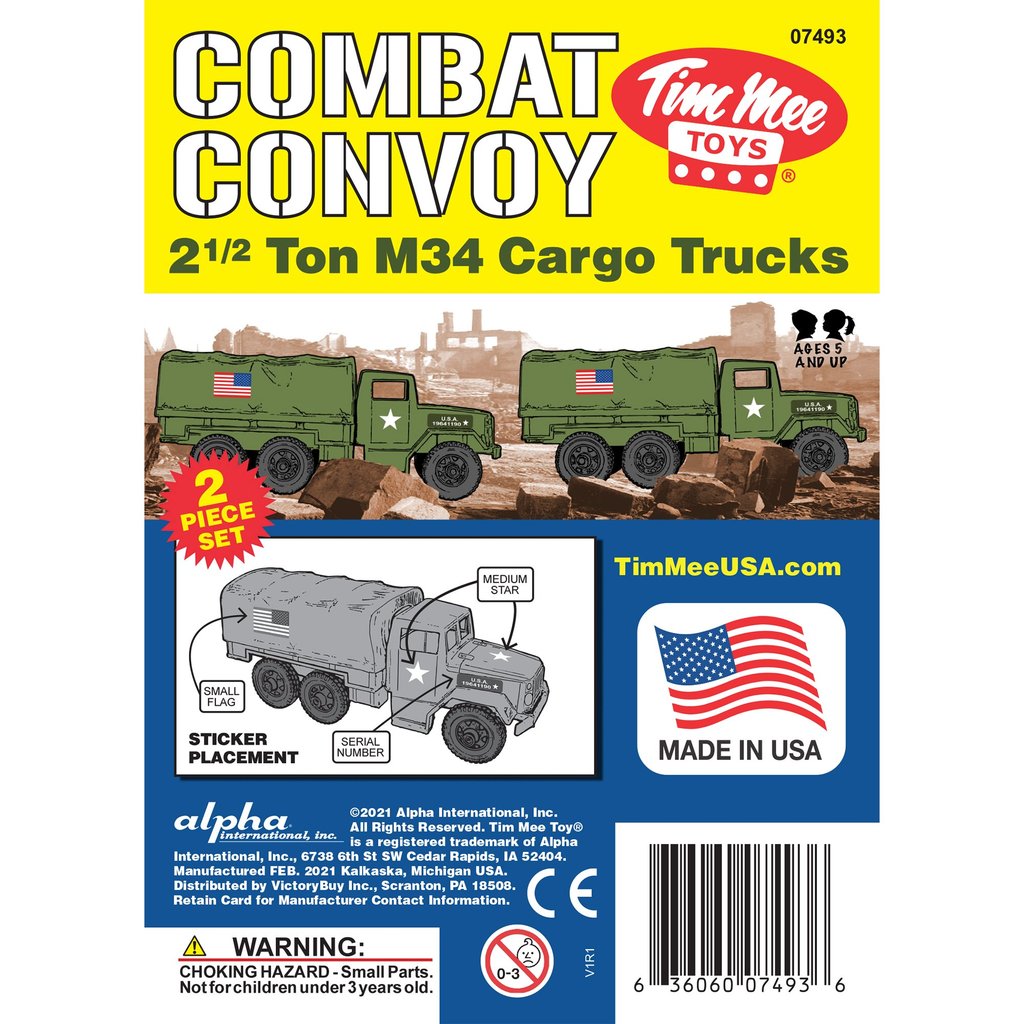 Two olive green and tan M34 cargo trucks for building and play for Tim Mee 07491