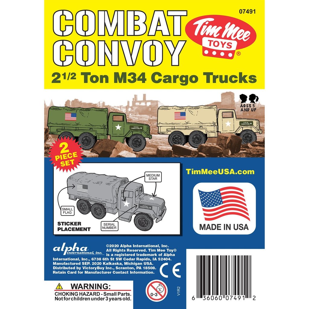 Toy set featuring two 2 1/2 ton M34 cargo trucks in olive green and tan for Tim Mee 07491