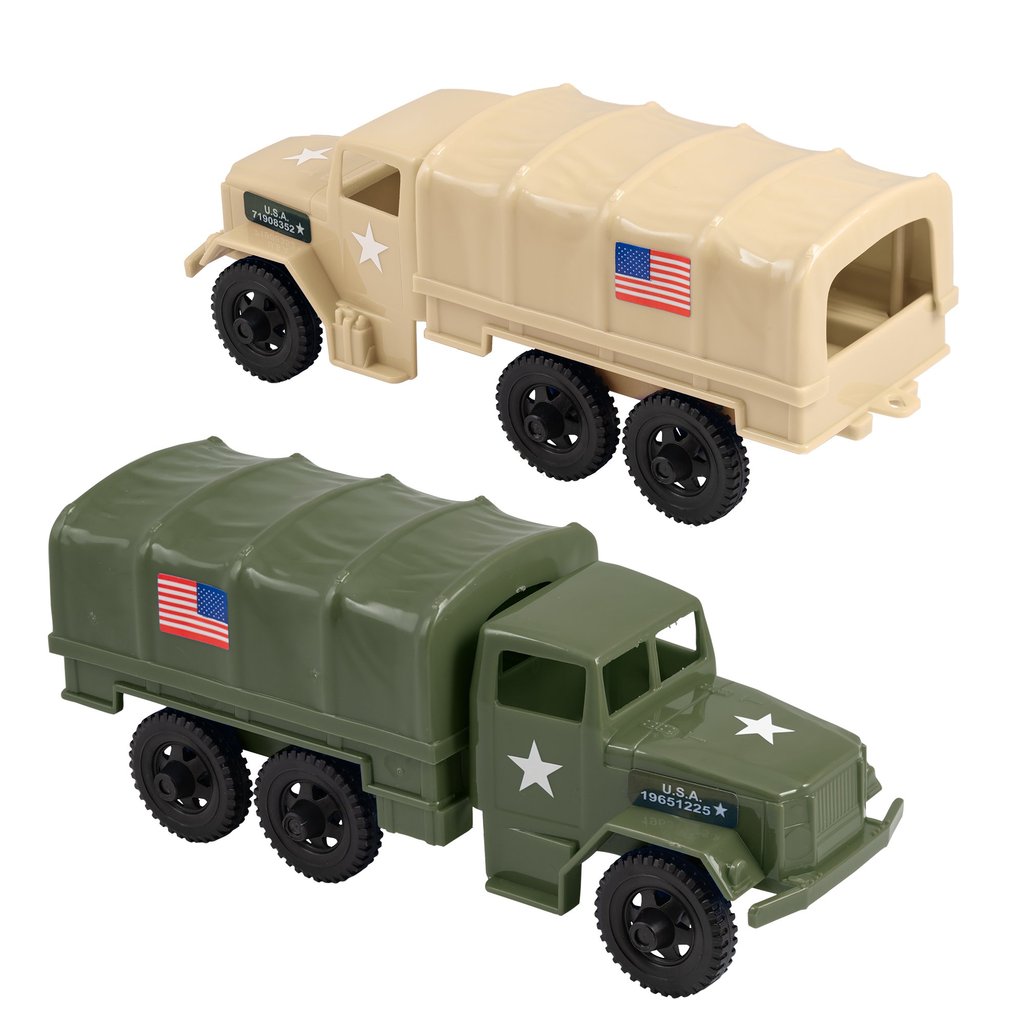 Toy military trucks: olive green and tan cargo vehicles for Tim Mee 07491