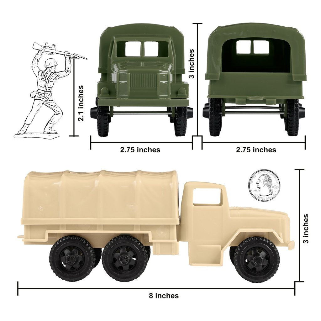 Scale model comparison: soldier, olive green truck, tan truck, and tan cargo truck dimensions for Tim Mee 07491