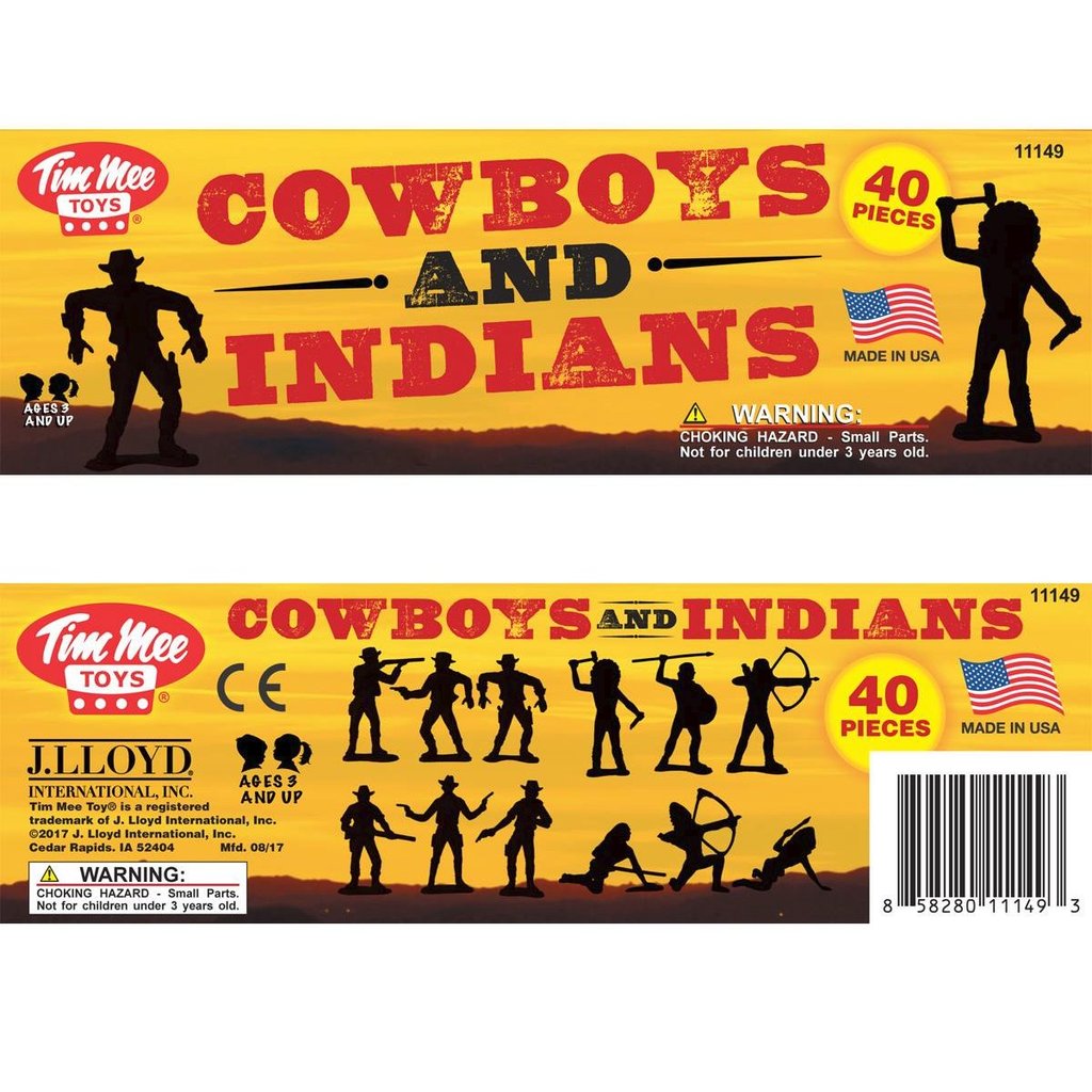Playset box art showing figures for cowboys and Indians, 40 pieces for Tim Mee 11149