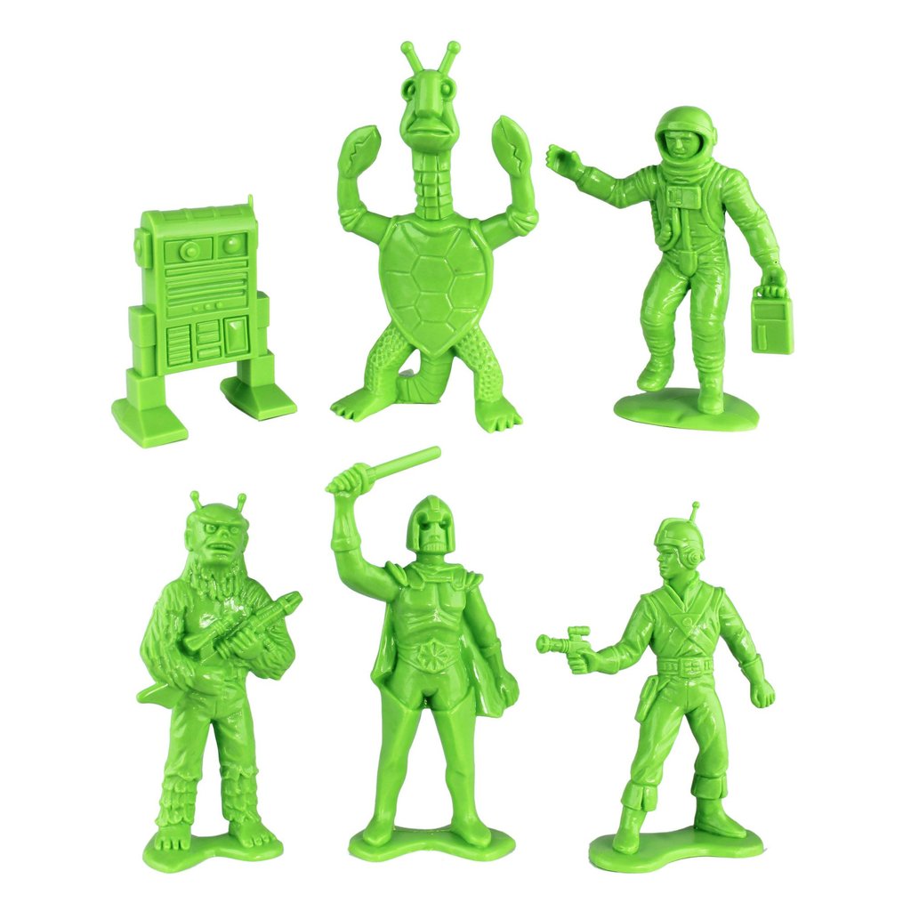 Set of bright green sci-fi action figures: alien, robot, and space troopers for Tim Mee 06128