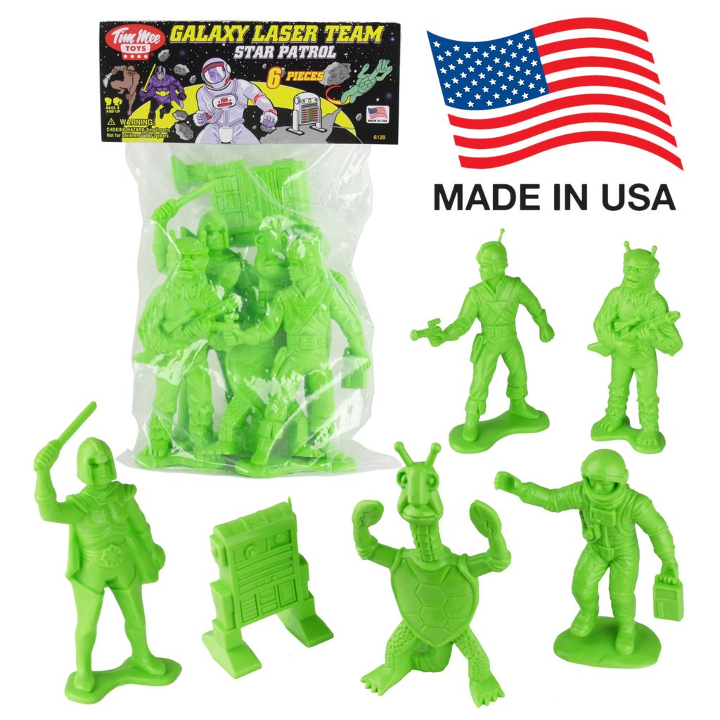 Green toy figures representing a space team, including characters and accessories for Tim Mee 06128