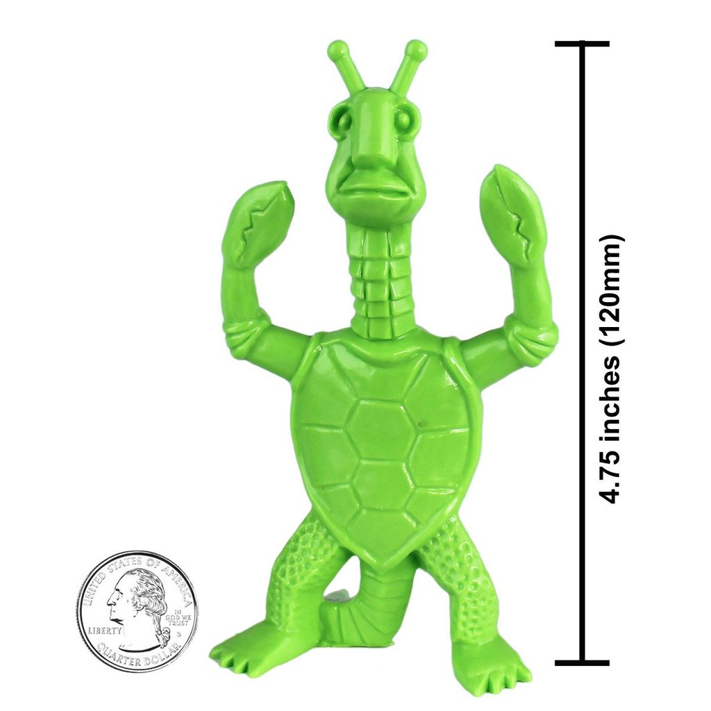 Bright green toy turtle figure, standing upright, with size guide for Tim Mee 06128