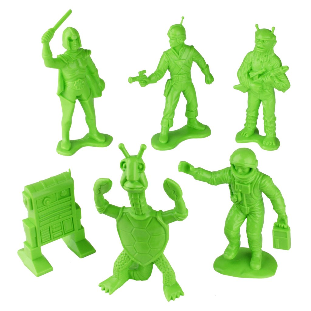 Set of bright green, space-themed action figures: soldier, alien, and turtle for Tim Mee 06128