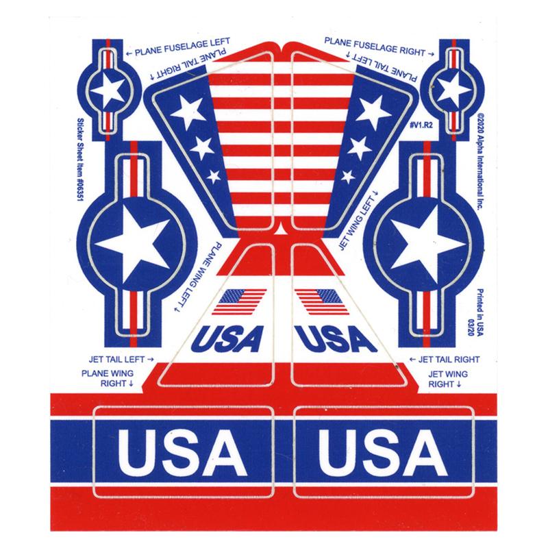 Aircraft decal sheet showing various US flag and star designs for jet and prop planes for Tim Mee 06352