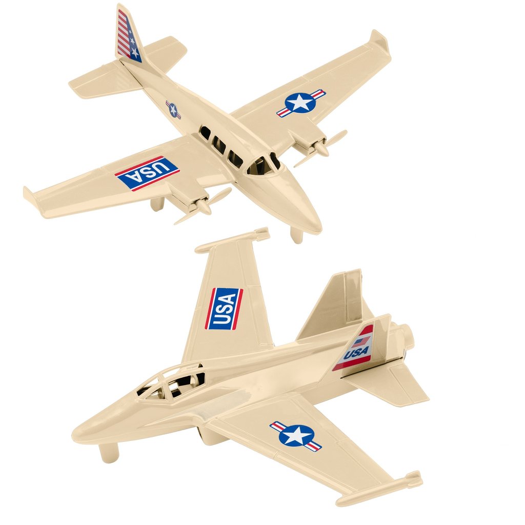 Tan fighter jet and twin-engine prop plane model set for Tim Mee 06352