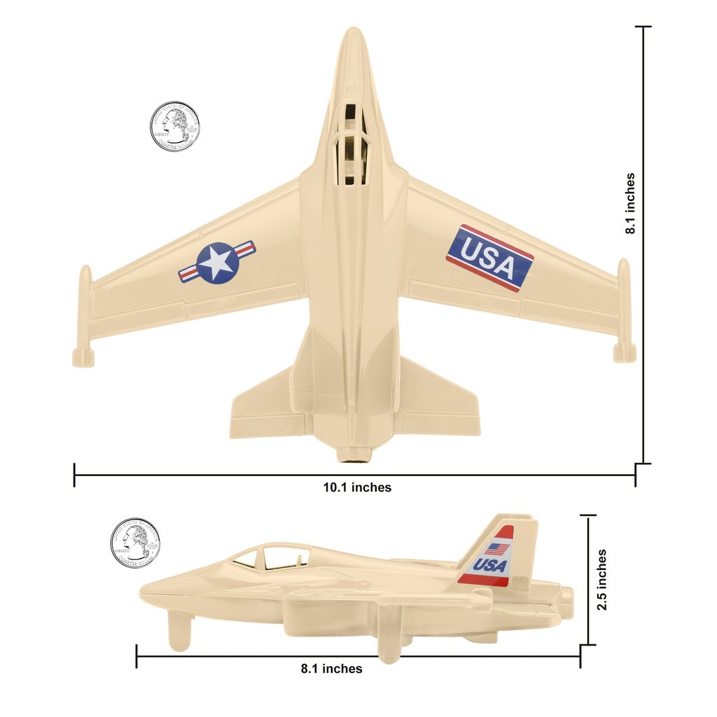Tan fighter jet and twin-engine prop plane toy set with size dimensions for Tim Mee 06352