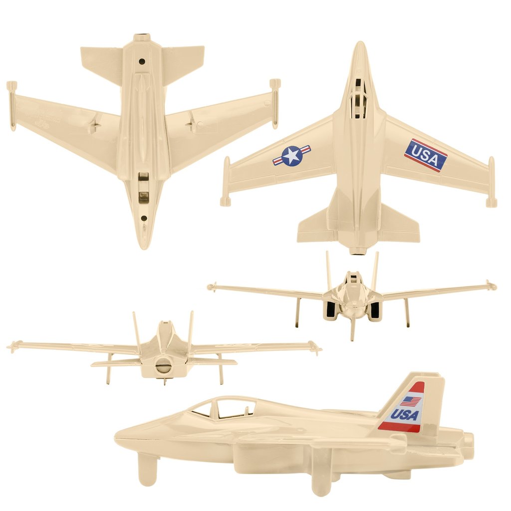 Assortment of tan-colored model airplanes: jet, prop plane, and glider for Tim Mee 06352