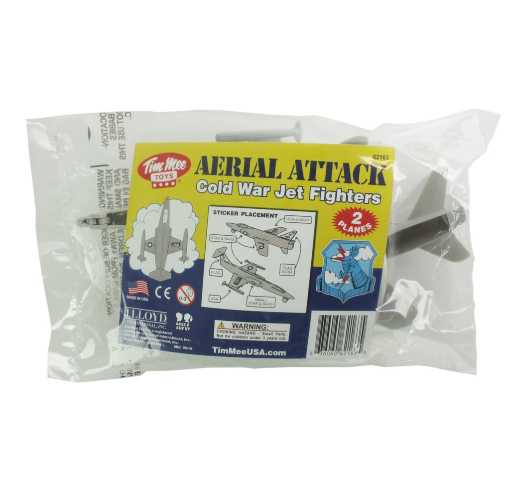 Toy set of two light grey Cold War jet fighters with sticker placement guide for Tim Mee 62163