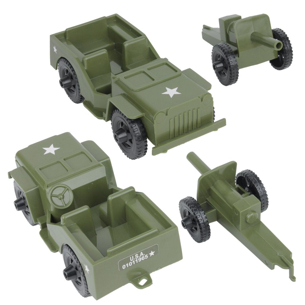Olive green military vehicles: jeep, truck, and artillery pieces for Tim Mee 28351