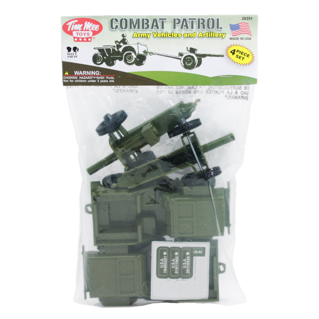 Toy set: Jeep, artillery, and military vehicles in olive green for Tim Mee 28351