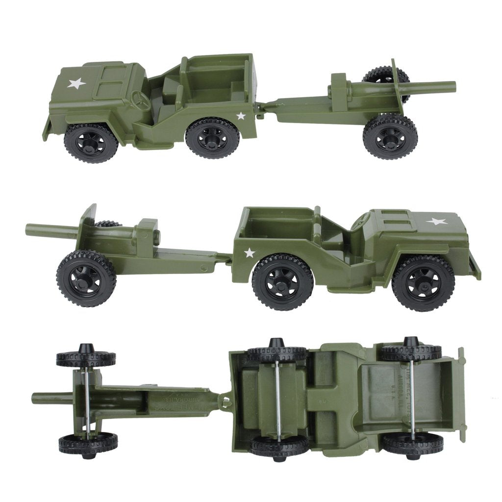 Olive green toy military vehicles: Jeep, truck, and artillery pieces for Tim Mee 28351