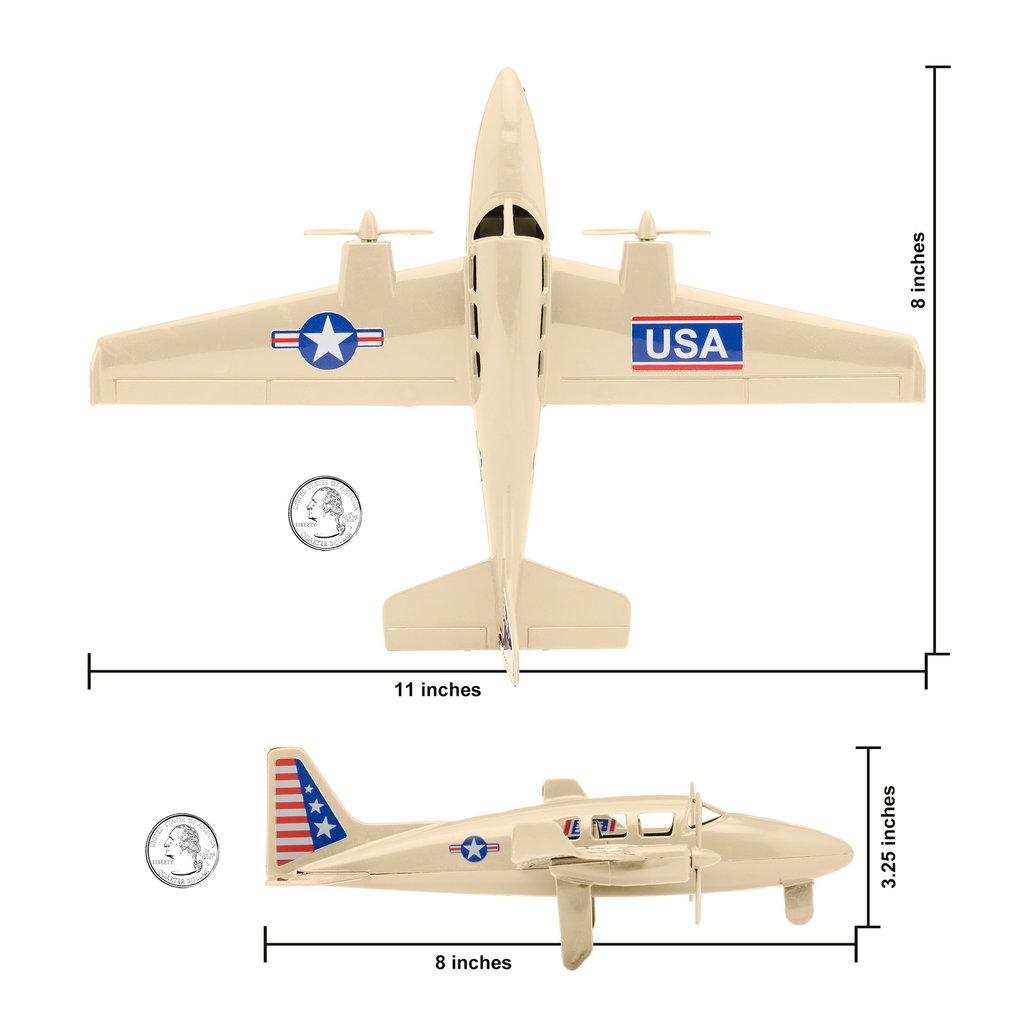 Two tan model planes: a fighter jet and a twin-engine prop plane, with dimensions shown for Tim Mee 06352