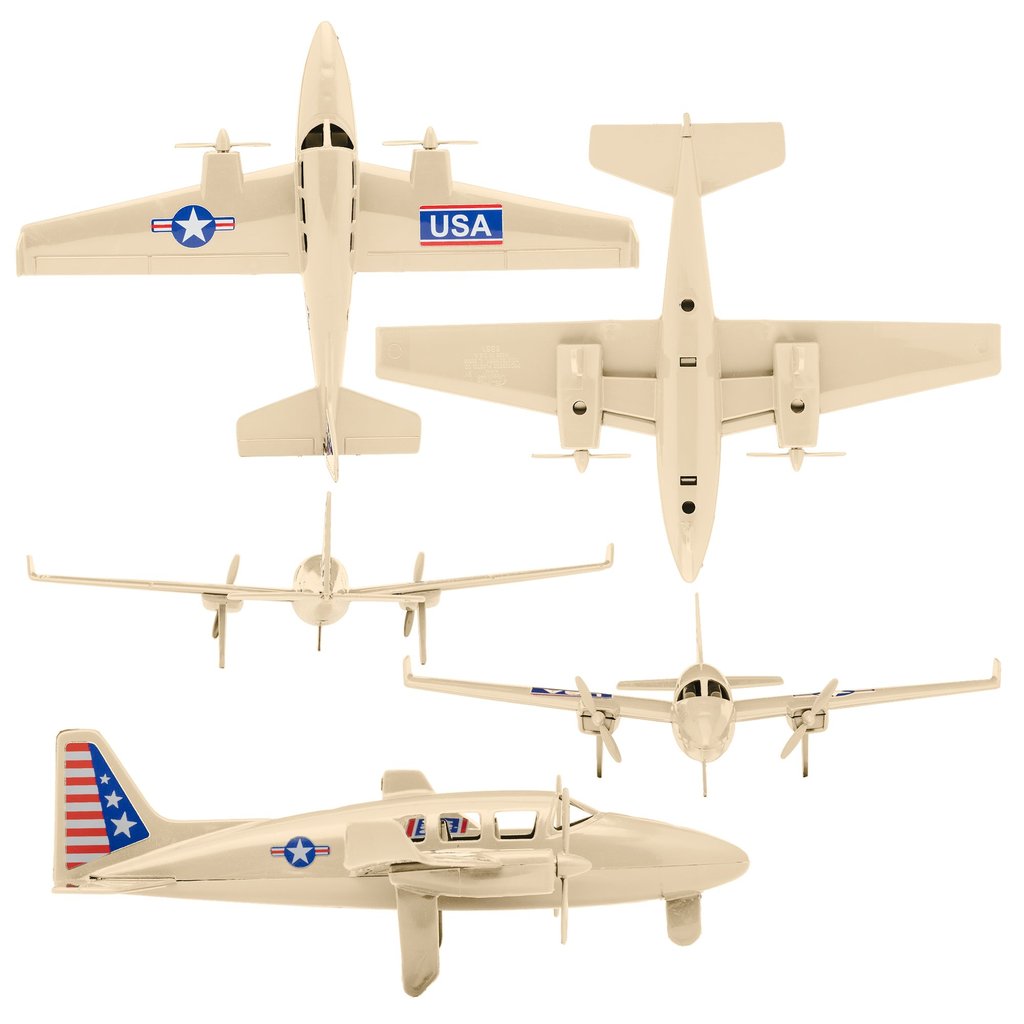 Assortment of tan-colored model aircraft: jet, twin-prop, and smaller planes for Tim Mee 06352