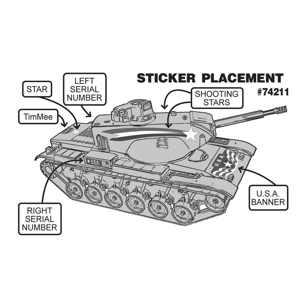 Sticker placement guide for M60A2 tank showing serial numbers and decals for Tim Mee 74211