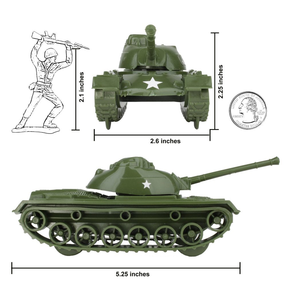 Scale model tanks in olive green, showing dimensions for three figures/vehicles for Tim Mee 07191