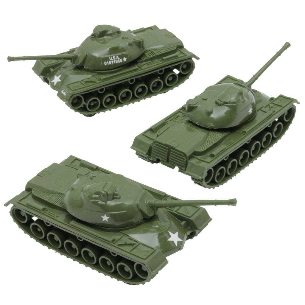 Three olive green M48 Patton tank models displayed together for Tim Mee 07191
