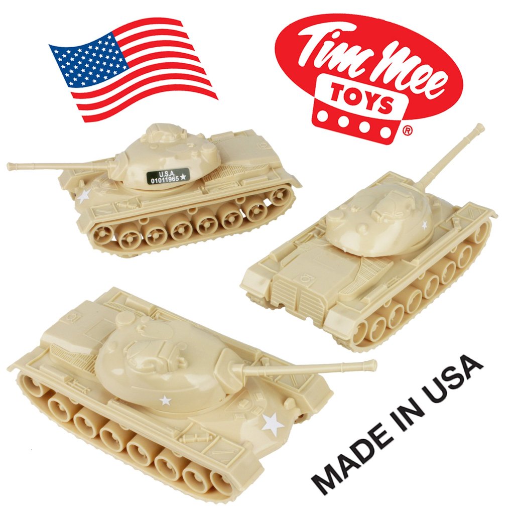 Three tan M48 Patton tank toys with American flag accent for Tim Mee 07192