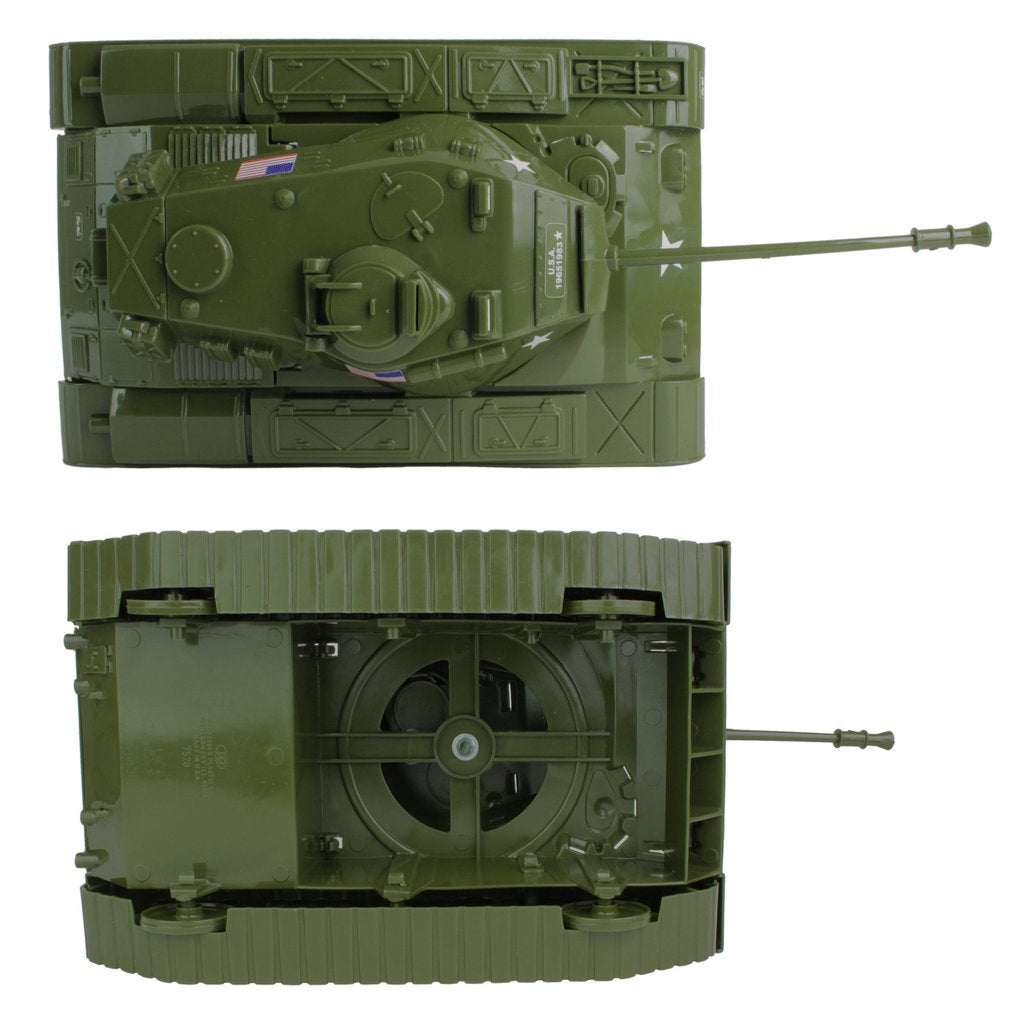 Olive green tank playset with cannon, showing top and side views for Tim Mee 17520