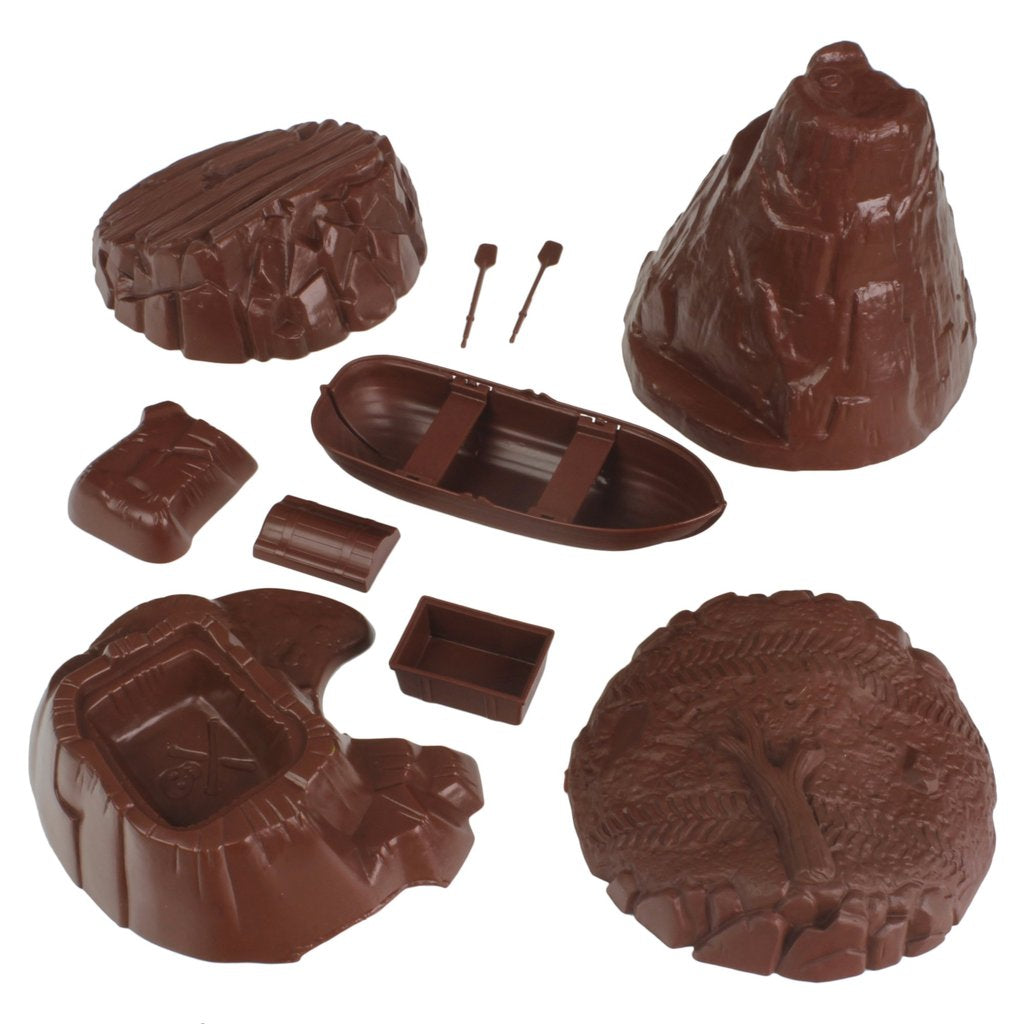 Terrain pieces for volcano island boat battle: volcano, boat, and landscape elements for Tim Mee 07700
