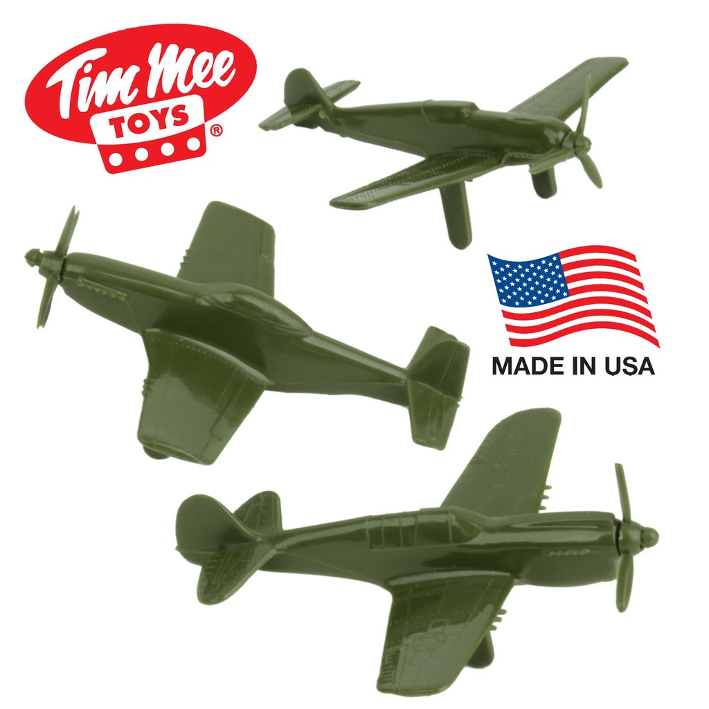 Three olive green WWII fighter plane toys displayed against a white background for Tim Mee 06121