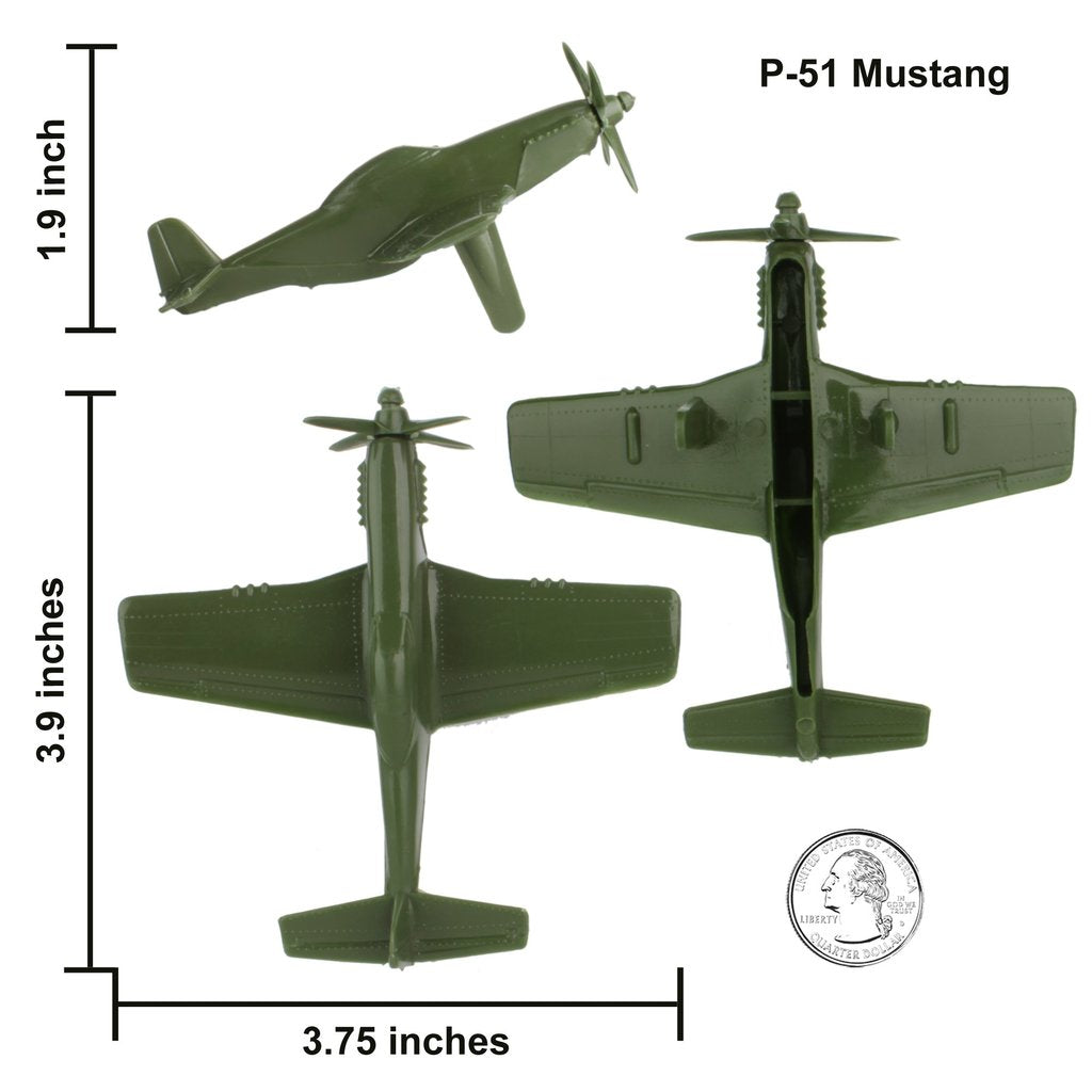 Olive green P-51 Mustang model planes shown with size dimensions for Tim Mee 06121