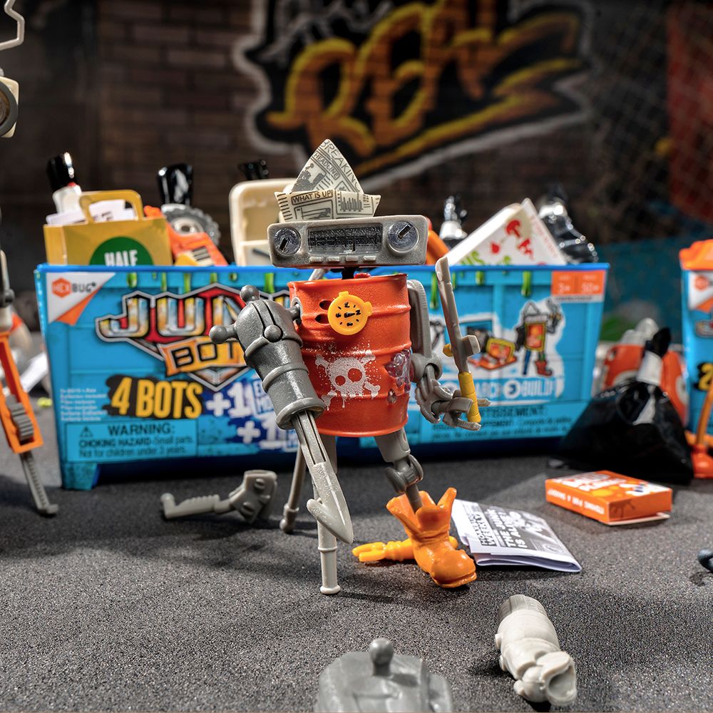 Assortment of small, toy robot figures displayed on a surface for HexBug 430-6843