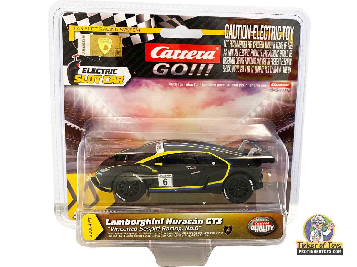 Black Lamborghini Huracán race car in clear plastic packaging for Carrera Go 20064137