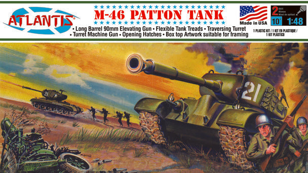 Tank model kit box art showing M-46 Patton tank in action with soldiers nearby for Atlantis Model Co ALM301