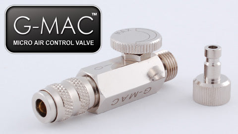 Three metal micro air control valves shown against a white background for Grex G-MAC