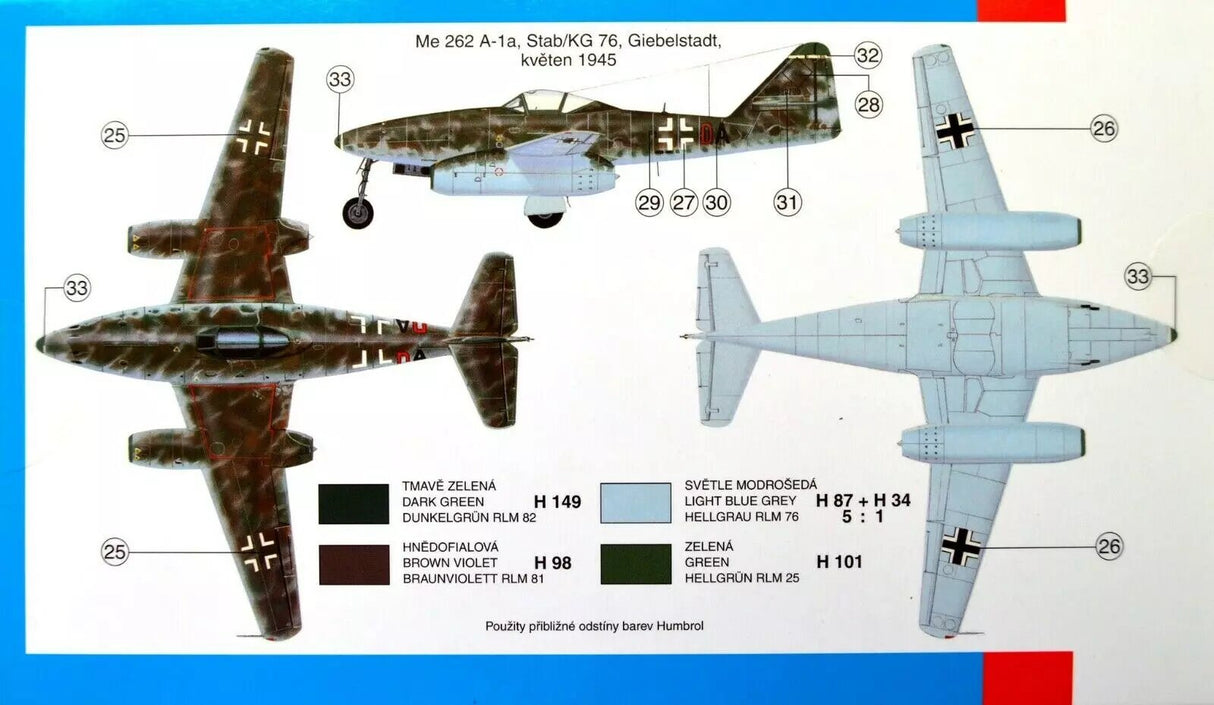 Me 262 model kit parts diagram showing paint colors and numbers for SMER