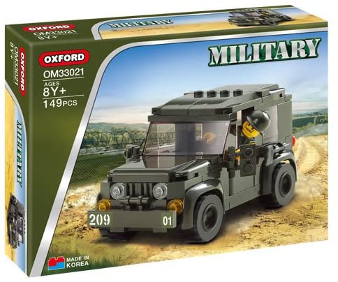 Toy set box featuring a detailed, dark green military jeep model for Oxford OXF33021