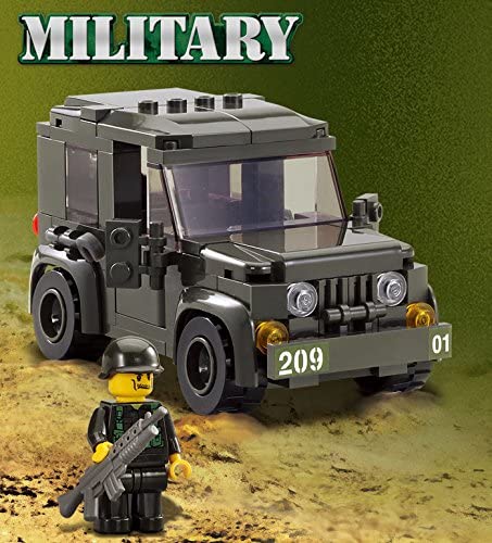 Black toy military jeep with a minifigure soldier standing beside it for Oxford OXF33021