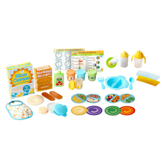 Play food set with feeding schedule, bowls, and utensils for role-play for Melissa and Doug 31708