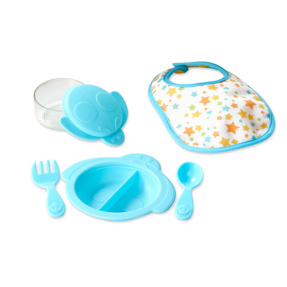Blue and yellow baby feeding play set with bib, bowl, and utensils for Melissa and Doug 31708