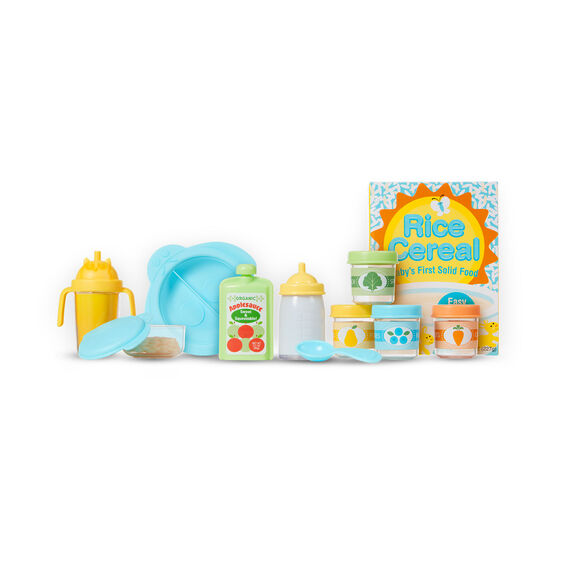 Play food set with baby feeding items and rice cereal box for Melissa and Doug 31708