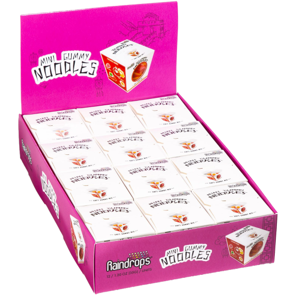 Box of mini gummy noodles candy for Nassau Candy 12204