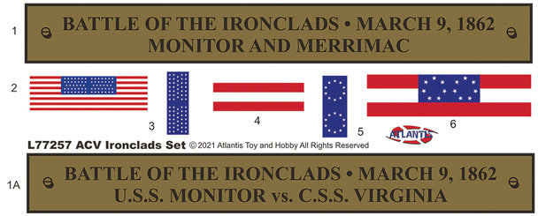 Model kit set showing the Union Monitor and Confederate Virginia warships from the Battle of the Ironclads