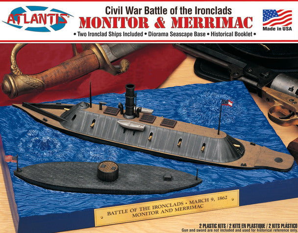 Model kit set depicting the Civil War battle between the Monitor and Merrimac ironclads for Atlantis Model Co ALM77257