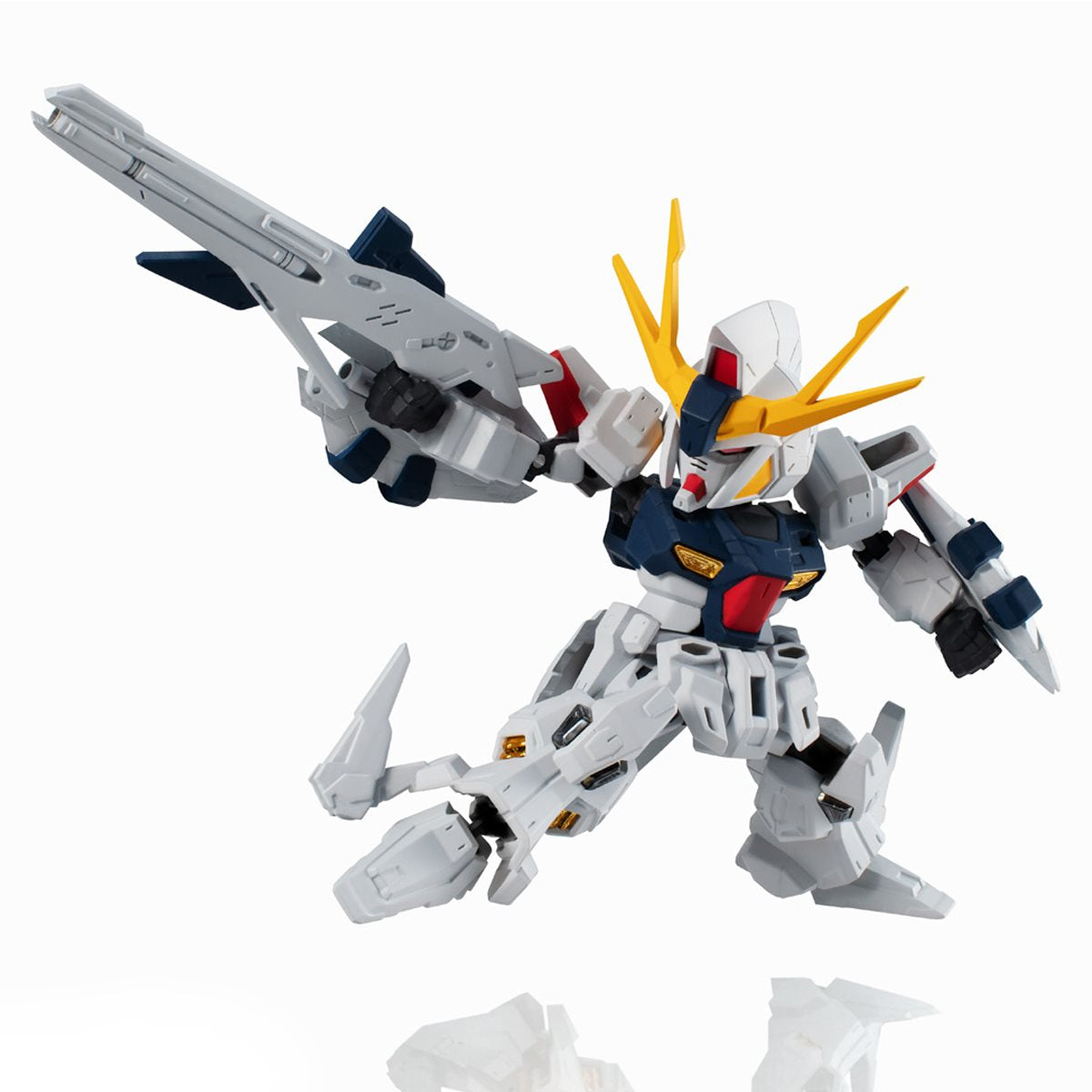 Gundam model kit with large beam rifle, posed dynamically for Bandai 61479, rear view