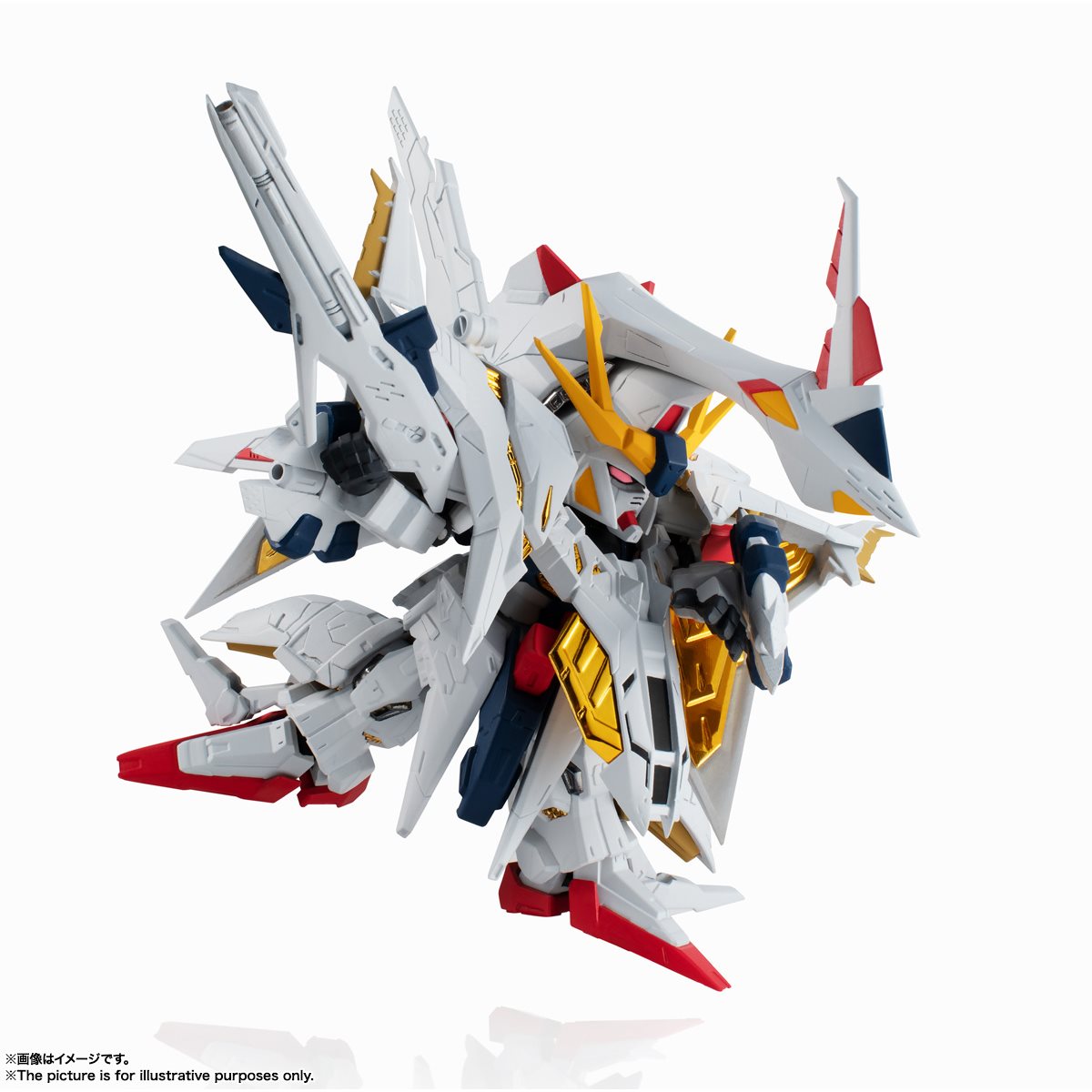 White and gold Gundam model kit, MS Unit Penelope, posed dynamically for Bandai 61479