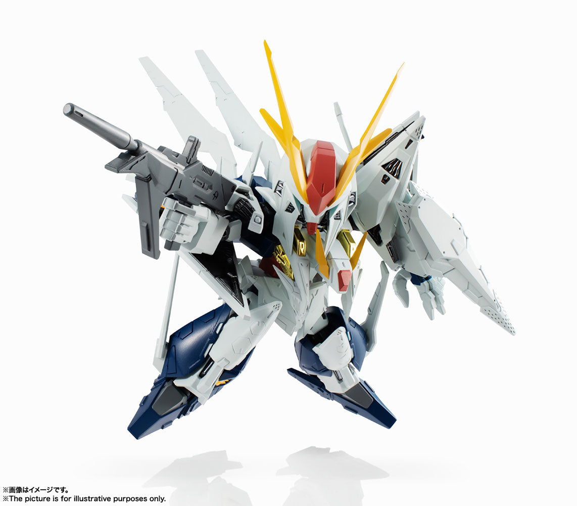 Gundam Hathaway MS Unit Xi in a dynamic pose, white and blue armor for Bandai 61478