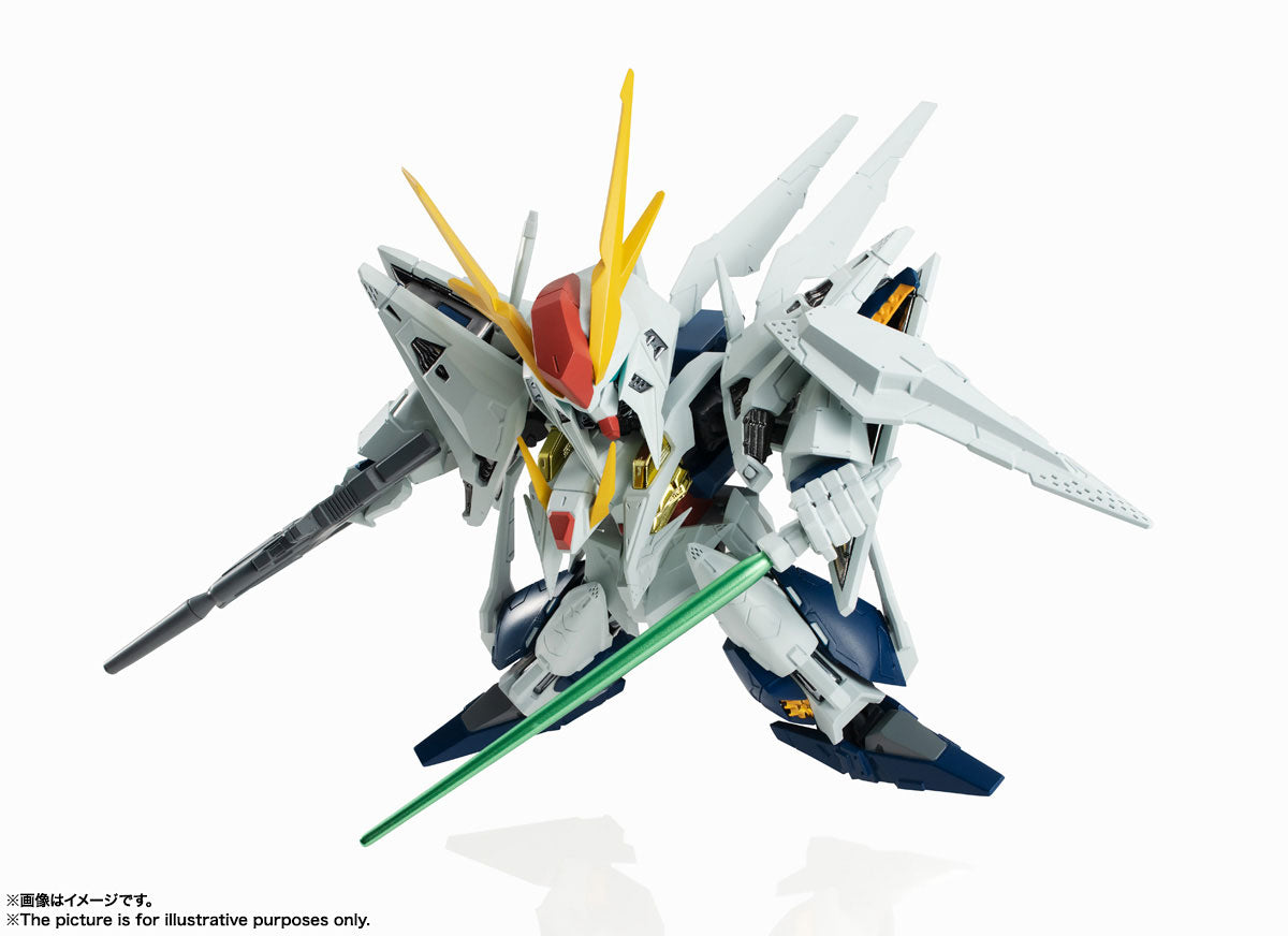 White and gray mobile suit with yellow accents, posed dynamically for Bandai 61478