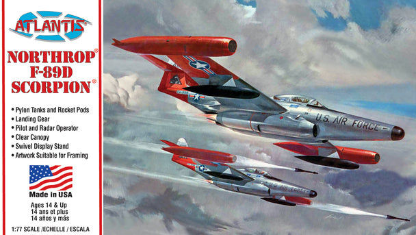 Model kit box art showing three F-89D Scorpion jet aircraft in flight for Atlantis Model Co ALM221